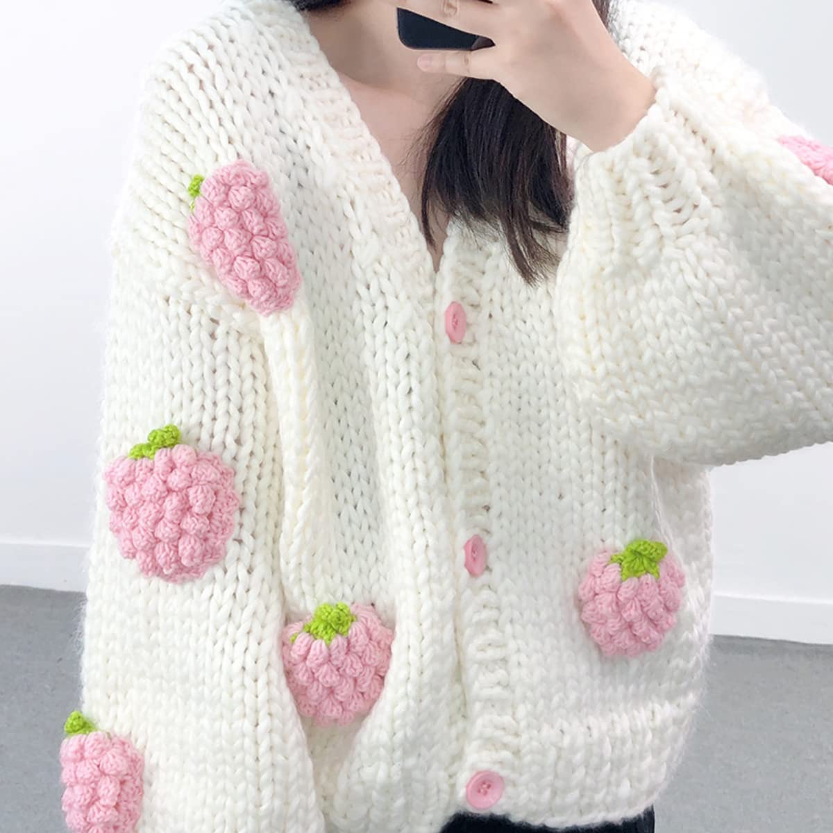3D Pink Strawberry Pattern Woman Sweater White Knit Cardigan Cute Button V-neck